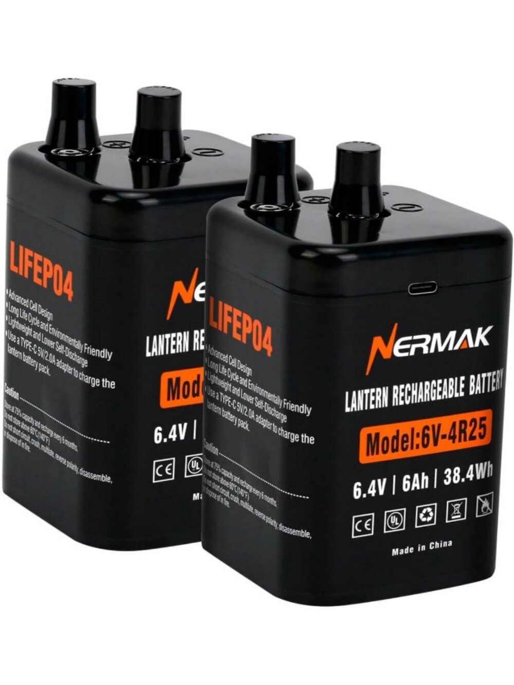 Rechargeable 6V 6Ah Lithium Iron Phosphate Lantern Battery 2-Pack, Long-Lasting